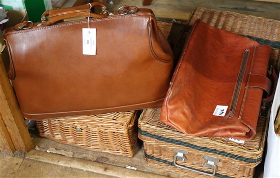 Two leather cases, modern picnic basket & coracle basket(-)